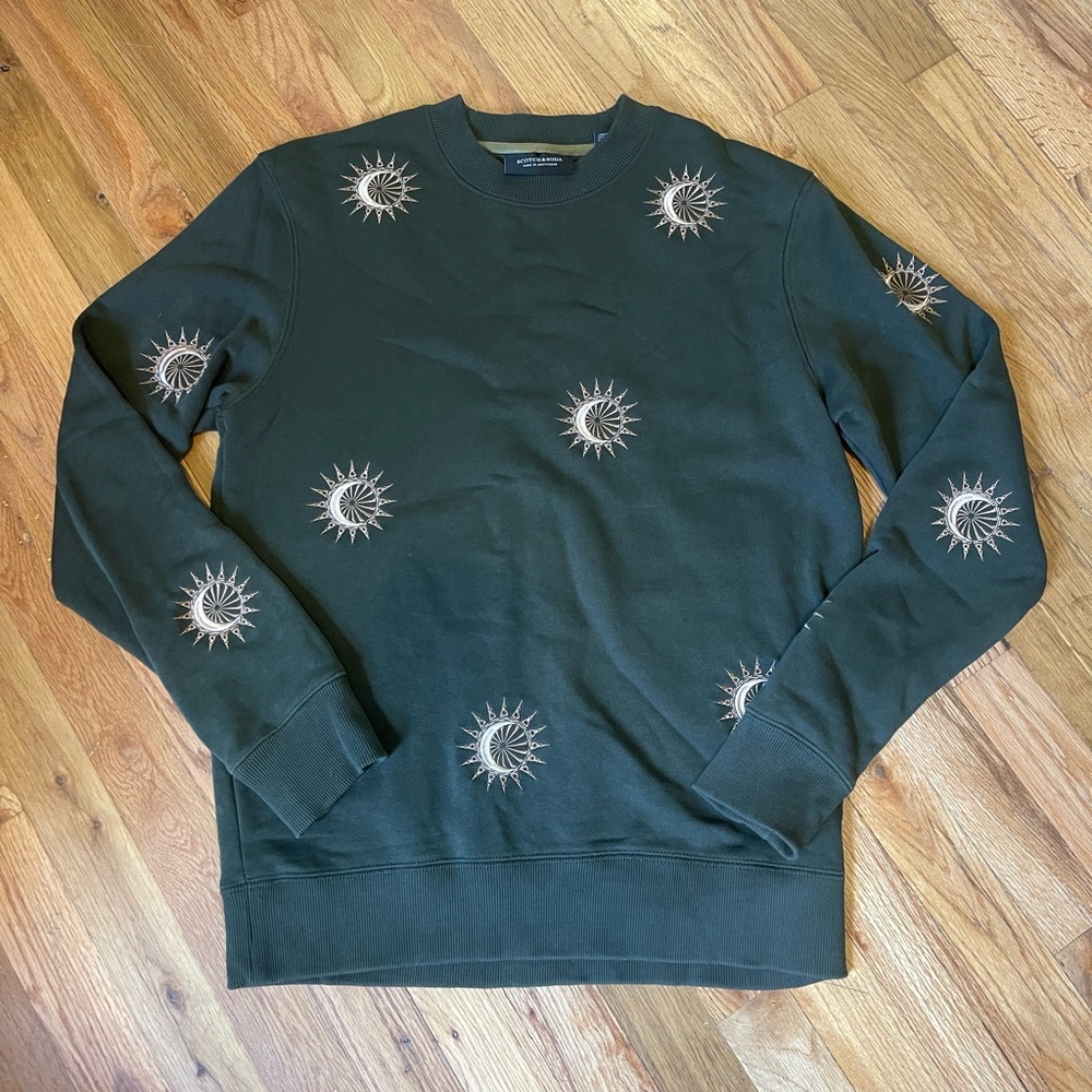Scotch & Soda Dark Green Sun and Moon Crewneck Sweatshirt, Size Medium